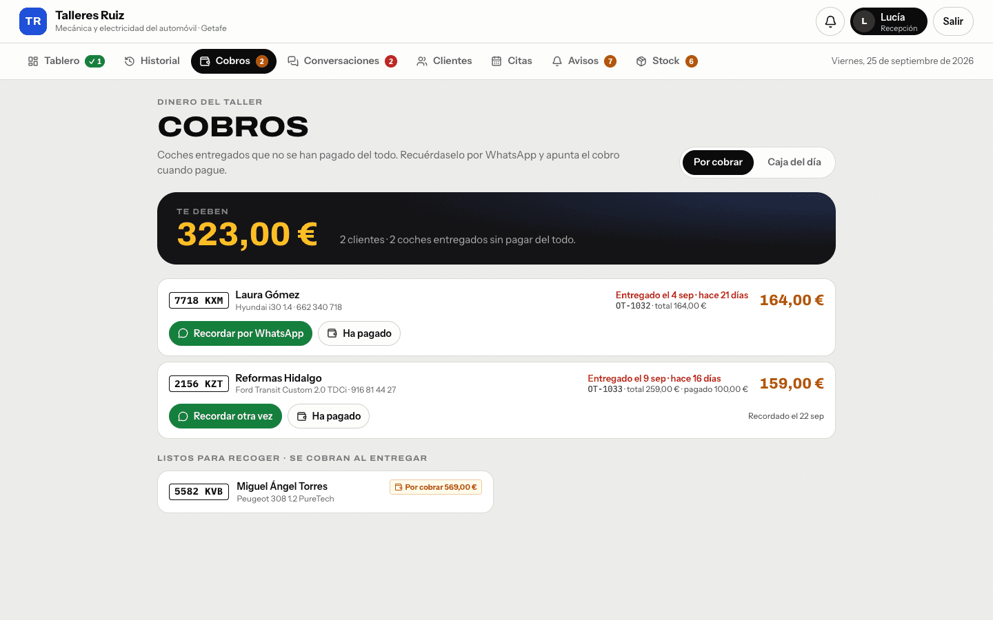 Pantalla de cobros: te deben 323 euros de dos coches entregados, con el botón para recordarlo por WhatsApp